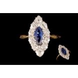 A SAPPHIRE AND DIAMOND NAVETTE CLUSTER RING, one marquise cut sapphire of approx. 2.