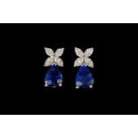 A PAIR OF SAPPHIRE AND DIAMOND EARRINGS, with pear shape sapphires of approx. 3.