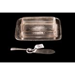 A GEORGE V SILVER AND GLASS BUTTER DISH AND KNIFE,