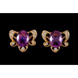 A PAIR OF PURPLE SAPPHIRE AND DIAMOND EARRINGS, the oval sapphires to diamond detail,