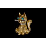 A TURQUOISE AND DIAMOND CAT BROOCH, mounted in 18ct gold, by Ben Rosenfeld.