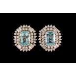 A PAIR OF AQUAMARINE AND DIAMOND EARRINGS, with aquamarines of approx. 6.00ct, diamonds of approx.