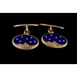 A PAIR OF BLUE ENAMEL CUFFLINKS, mounted