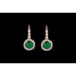 A PAIR OF EMERALD AND DIAMOND CLUSTER EARRINGS,