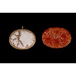 A CAMEO BROOCH, mounted in 18ct yellow gold, surround signed by Sebastinarelli; together with a