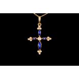 A MODERN FABERGE CROSS, with blue enamel, set with diamonds,