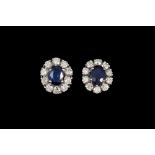 A PAIR OF SAPPHIRE AND DIAMOND OVAL CLUSTER EARRINGS, with oval sapphires of approx. 2.