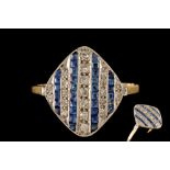 AN ANTIQUE LOZENGE SHAPED DIAMOND AND SAPPHIRE PLAQUE RING, pave and calibre set,