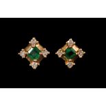 A PAIR OF EMERALD AND DIAMOND EARRINGS,