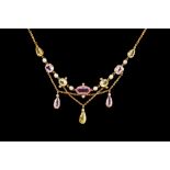 AN EDWARDIAN PINK TOPAZ, PERIDOT, CULTURED PEARL AND DIAMOND NECKLACE, in the Suffragette colours,
