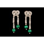 A PAIR OF DIAMOND DROP EARRINGS, with malachite beads,