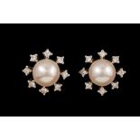 A PAIR OF PEARL AND DIAMOND CLUSTER EARRINGS,