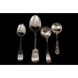 A GEORGE III SILVER BOW HANDLED SMALL SAUCE LADLE,