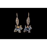 A PAIR OF DROP EARRINGS, with enamel dogs and diamonds,