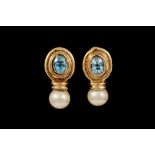 A PAIR OF BLUE TOPAZ AND PEARL EARRINGS,