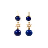 A PAIR OF LAPIS LAZULI AND SEED PEARL DROP EARRINGS, on yellow gold shepherds hook fittings.