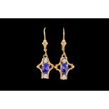 A PAIR OF TANZANITE AND DIAMOND SET DROP EARRINGS,