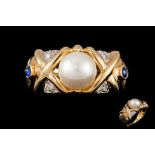 A PEARL DRESS RING, set with diamonds and sapphires,