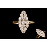 AN ANTIQUE DIAMOND BOAT SHAPED CLUSTER RING, set with old cut diamonds of approx. 1.