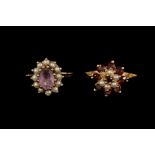 AN AMETHYST AND SEED PEARL CLUSTER RING, together with a garnet and seed pearl cluster ring,