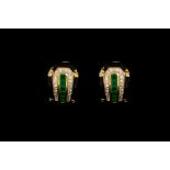 A PAIR OF DIAMOND, EMERALD AND ONYX EARRINGS, with diamonds of approx. 1.