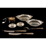 A COLLECTION OF BON BON DISHES; together with silver handled cheese/butter knives, silver handled