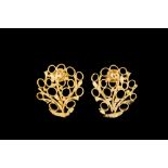 A PAIR OF 18CT GOLD EARRINGS, fancy openwork plaque design,