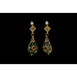 A PAIR OF EMERALD, DIAMOND AND AQUAMARINE DROP EARRINGS,