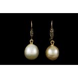 A PAIR OF PEARL AND DIAMOND DROP EARRINGS, mounted in 18ct gold,
