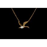 A PEARL, DIAMOND AND RUBY SET SWAN PENDANT,