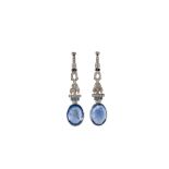A PAIR OF SAPPHIRE AND DIAMOND DROP EARRINGS, of geometric design,