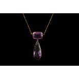 AN AMETHYST TWO STONE PENDANT AND CHAIN, in 18ct rose gold.