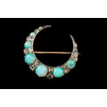 A LATE VICTORIAN OPAL AND DIAMOND CLOSED CRESCENT BROOCH, with diamonds of approx. 0.50ct.