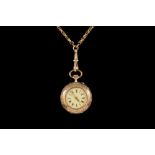 A VICTORIAN GOLD ROLLER LINK MUFF CHAIN, suspending a ladies fob watch,