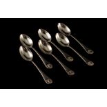 SIX POST WAR SILVER COFFEE/TEASPOONS, cased, the handles terminating with a shell motif,