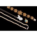 A CULTURED PEARL NECKLACE; together with a gilt filigree bracelet,