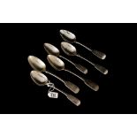 SIX GEORGIAN AND VICTORIAN IRISH SILVER FIDDLE PATTERN RATTAILED SPOONS,