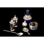 A SILVER CONDIMENT SET, cased,