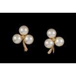 A PAIR OF PEARL CLUSTER EARRINGS, mounted in 18ct yellow gold,