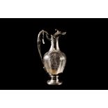 A FRENCH SILVER (.800) MOUNTED ETCHED GLASS CLARET JUG, 11" high, c.