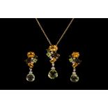 A PAIR OF MULTI GEM SET DROP EARRINGS, set with citrine, peridot, smoky quartz and diamond,