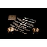 SILVER HALLMARKED ITEMS, including a silver christening spoon, cased, forks, sugar tongs,