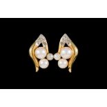 A PAIR OF PEARL EARRINGS, diamond detail,