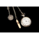 A WALTHAM OPEN FACE POCKET WATCH, with Roman numerals, on white dial, with separate minute dial,