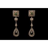 A PAIR OF DIAMOND AND EMERALD DROP EARRINGS
