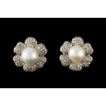 A PAIR OF CULTURED PEARL AND DIAMOND EARRINGS, with post and omega clip fittings,