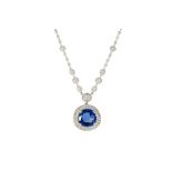 A SAPPHIRE AND DIAMOND NECKLACE, with one oval cut sapphire of 14.