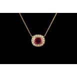 A RUBY AND DIAMOND CLUSTER PENDANT AND CHAIN, with one cushion cut ruby of approx. 1.