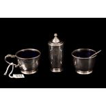 A MODERN IRISH SILVER THREE PIECE CONDIMENT SET, with one spoon, by Irish Silver Ltd,