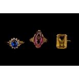 THREE GEM SET DRESS RINGS,